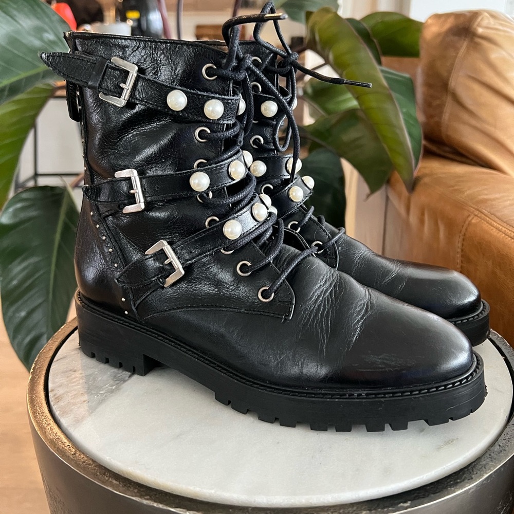 Zara Moto Boots w/ Faux Pearls & Studded Detail - Picture 3 of 7